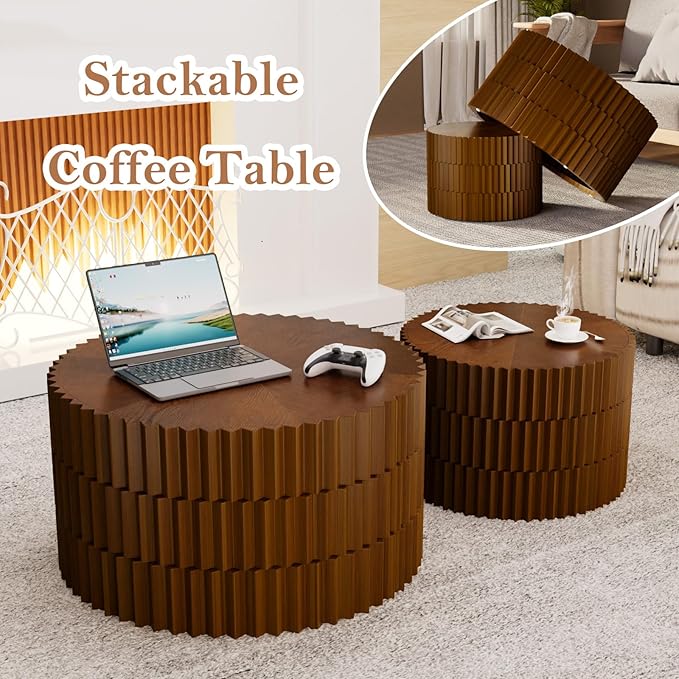 Round Nesting Tables - Handcraft Relief Veneered Walnut Fluted Circular Coffee Table Set of 2 with Non-Slip Bottom Pads for Living Room Balcony Bedroom Study (B 26.8+19.7in)