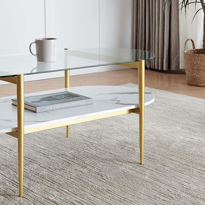 Oval Coffee Table, Mid-Century Modern Design, L41 x W21 x H17 inch, for Living Room, Clear Glass Top, White Marble Finish Wood Shelf & Gold Finish Frame