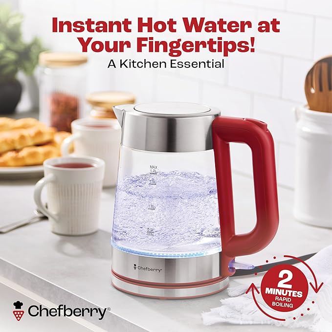 Electric Kettle for Boiling Hot Tea & Water | 1.8L Stainless Steel Borosilicate Glass Boiler With No Plastic, Automatic Shutoff, BPA Free, Fast Heating Technology