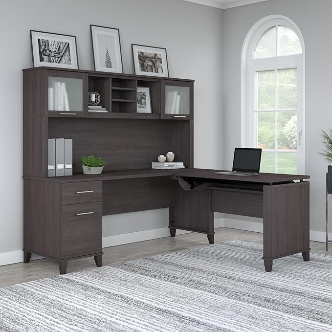 Bush Furniture Somerset 72W 3 Position Sit to Stand L Shaped Desk with Hutch in Storm Gray | Adjustable Height Table for Home Office