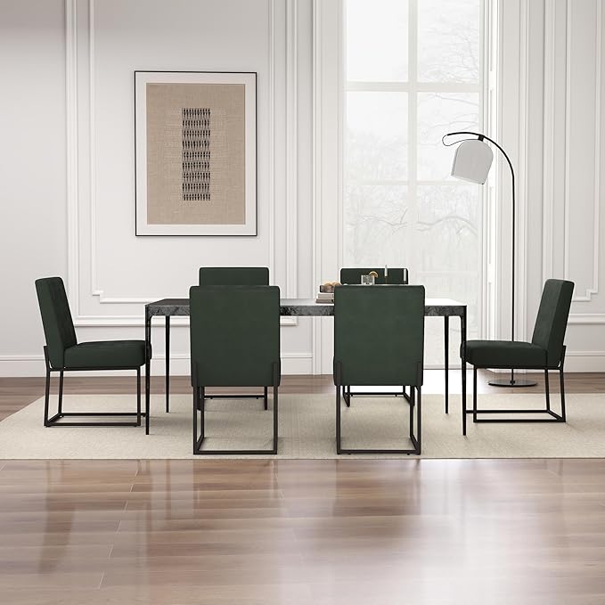 VKNOW Upholstered Dining Chairs Set of 6, Modern Dining Room Chairs, Linen Kitchen Chair Dinner Chair with Black Metal Base for Kitchen Office, Green-Unstriped