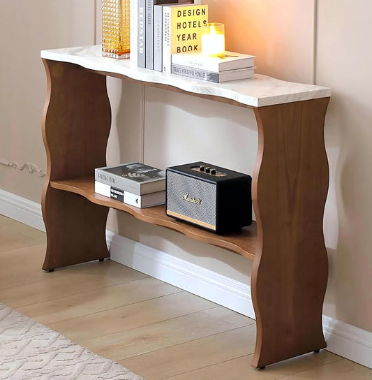 47-Inch Long Console Table, Marble Wooden Rectangular Sofa Table Behind The Couch, with Storage Shelf, Farmhouse Entryway Table for Entrance, Hallway, Living Room (Marble+Walnut)