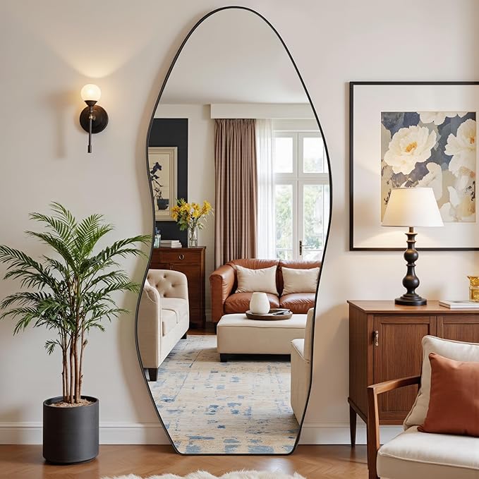 Antok Full Length Mirror, 68"x26" Floor Mirror with Stand, Standing Hanging Leaning Irregular Mirrors for Bedroom Living Room Entryway, Wavy Shaped, Black
