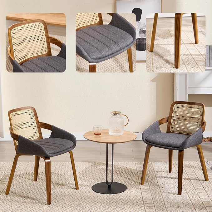 DUOMAY Modern Linen Dining Chairs Set of 2, Cane Back Room Chairs with Solid Wood Legs Kitchen Chairs for Living Room, Restaurant, Grey