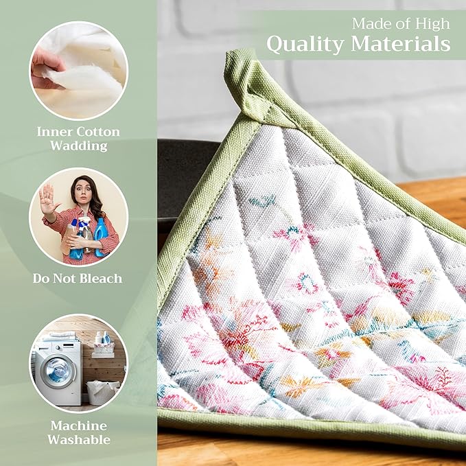 Maison d' Hermine Pot Holders set 100% Cotton Heat Resistant Potholders 8" x 8" Hot Pads with Loop BBQ, Cooking, Baking, Grilling, Kitchen, Handling Hot Pans Spring/Summer (Pack of 2, Paradise Island)