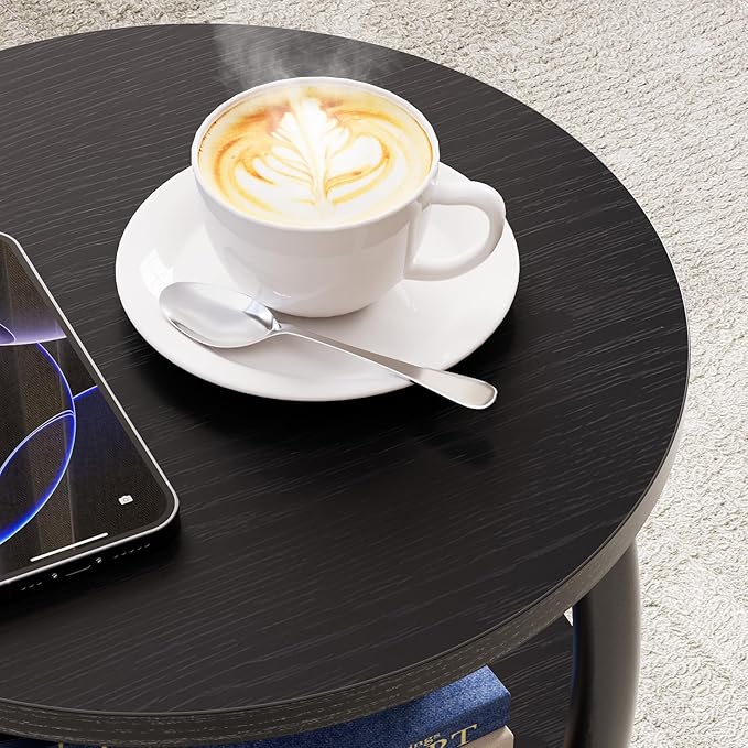 Small Round Side Table, 3-Tier End Table with Storage Shelf, Slim Sofa Table Coffee Table, Sturdy & Easy Assemble Nightstand for Small Spaces, Living Room Bedroom Corner, Black