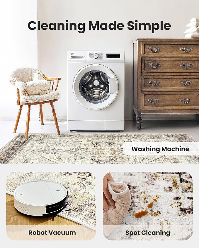 AMADA HOMEFURNISHING 5x7 Washable Area Rug, Low-Profile Living Room Rug with Non-Slip Backing & Durable Edge Binding, Large Area Rug, Vintage Rugs for Living Room, Bedroom, Dinning Room