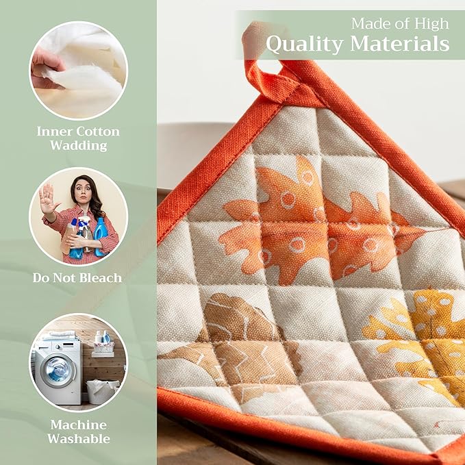 Maison d' Hermine Pot Holders 100% Cotton Heat Resistant Potholders 8" x 8" Hot Pads with Loop for Thanksgiving Christmas Decorations BBQ Cooking Handling Hot Pans (Pack of 1, Colours of Autumn)