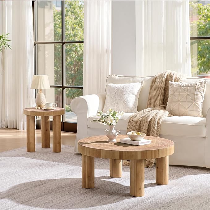 RUSTOWN 2-Piece Round Farmhouse Coffee Table, Rustic Coffee Table Sets, Circle Wooden Ring Finish with Solid Wood Legs, Center Tables Set for Living Room (Natural)