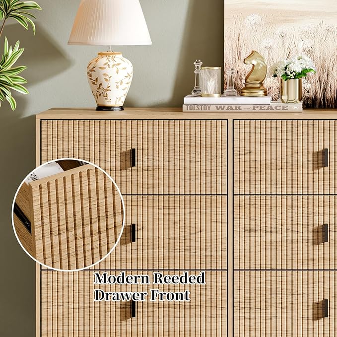 Modern Chest of Drawers with 9 Drawers,Deep Drawers,Clothes Organizer,Large Storage Cabinet for Living Room, Bedroom,Hallway,with Anti-Tipping Device, Oak