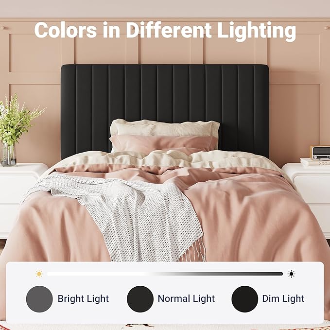 Allewie Twin Bed Frame, Velvet Upholstered Platform Bed with Adjustable Vertical Channel Tufted Headboard, Mattress Foundation with Strong Wooden Slats, Box Spring Optional, Easy Assembly, Black