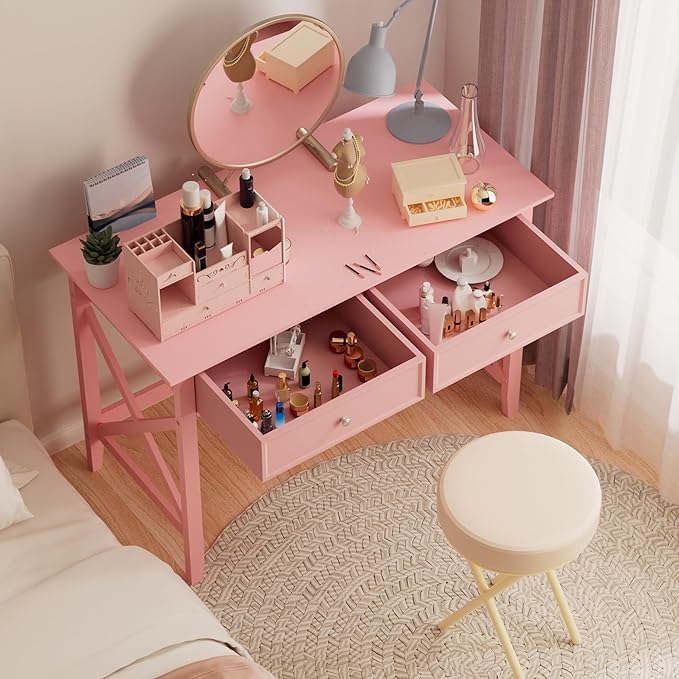 Writing Computer Desk with Drawers, Cute Modern Table for Bedrooms, Pink Vanity Table Office Desk with Drawers, Home Computer Desk for Girls Living Room Entryway, Pink