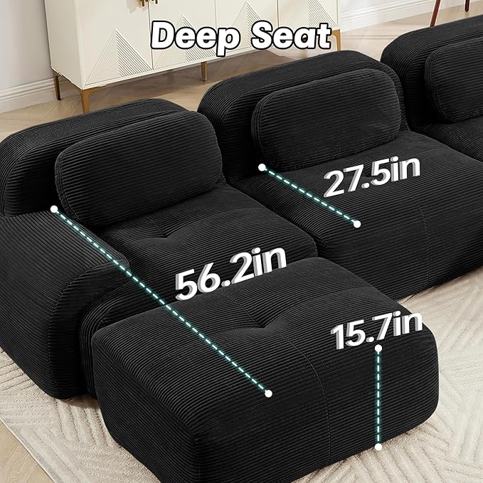 80" Modern Corduroy Boneless Love Seat Couches, 2 Seater Large Sectional Couches for Living Room, Black Cloud Modular Sectional Sofa, Memory Foam, Extra Deep Loveseat, No Assembly