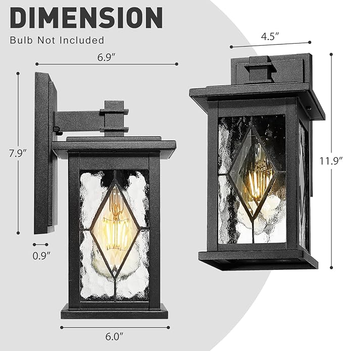 Emliviar 2-Pack Outside Light Fixtures, 12 Inch Exterior Lights for House, Black Finish with Water Grain Glass, 1803EW1-2PK-SD BK