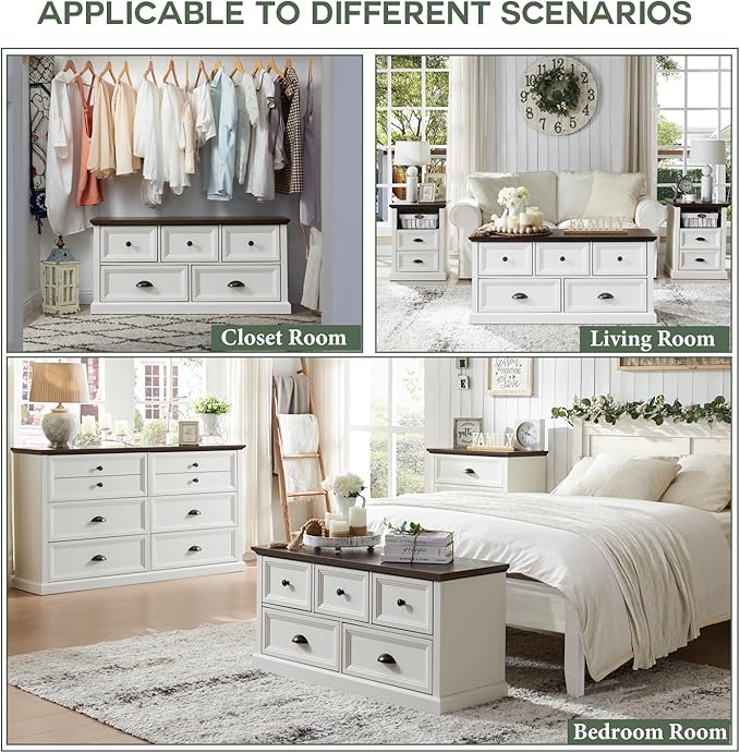 Farmhouse 5 Drawers Dresser for Bedroom, 45" Wide Chest of Drawers, 21" Tall Storage Closet Bench Storage Chest Storage Trunk, Wood Rustic Dresser for Closet, Living Room, Hallway, White