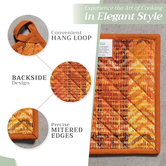 Maison d' Hermine Pot Holders 100% Cotton Heat Resistant Potholders 8" x 8" Hot Pads with Loop for Thanksgiving Christmas Decorations BBQ Cooking Handling Hot Pans (Pack of 1, Thanksgiving Tartan)