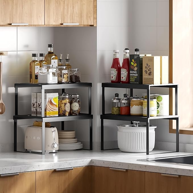 Cabinet Organizer Shelf, Set of 4 Cabinet Shelves, Stackable Metal Kitchen Counter Organizer, Adjustable Countertop Cupboard Pantry Shelf Riser Storage Rack, Black