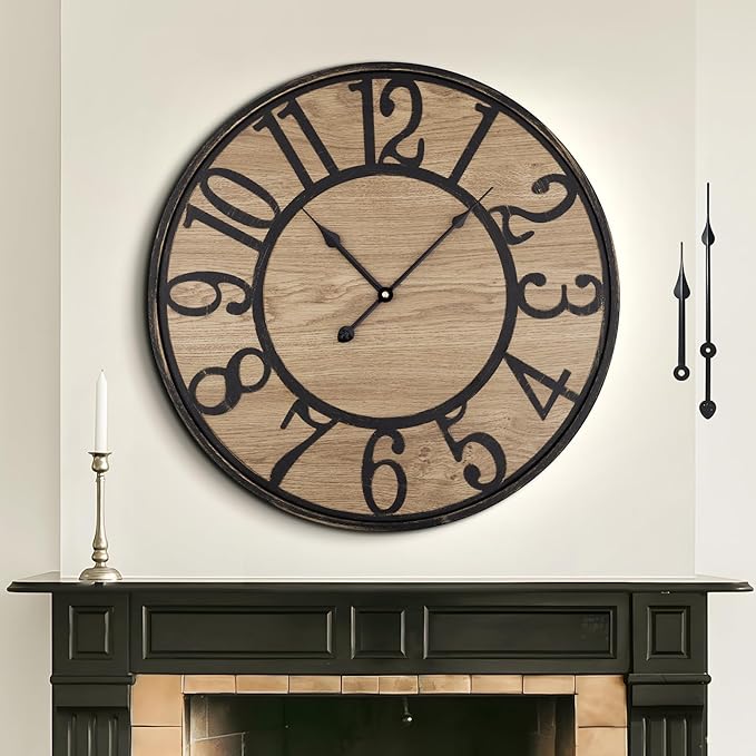 Large Wall Clock for Living Room Decor - Non-Ticking, Silent, Battery Operated Modern Vintage Wood Clock - Oversized Decorative for Bedroom, Kitchen, Farmhouse, Office