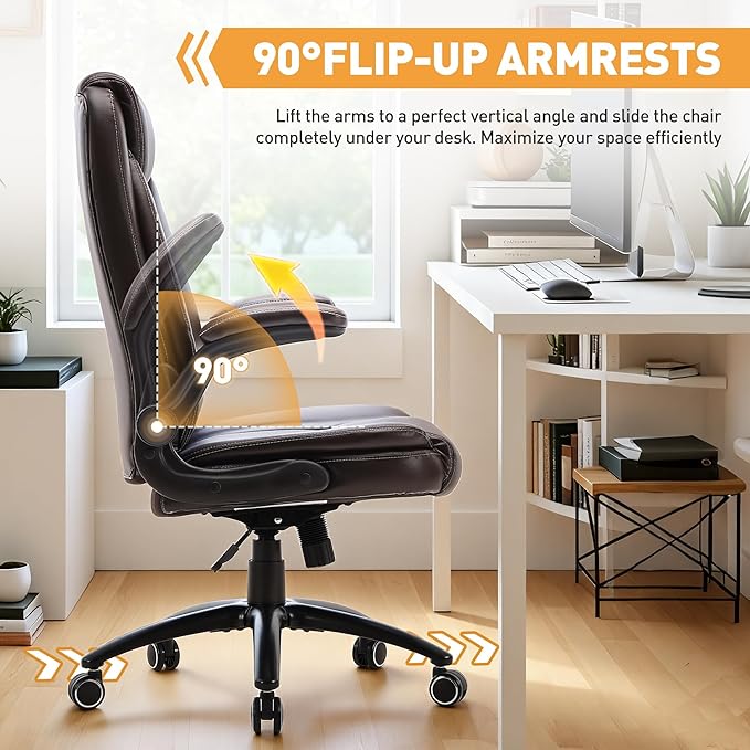 Ergonomic PU Leather Office Chair with Flip-Up Armrests, Reclining Backrest, Adjustable Height & Tilt Tension, Thick Padded Seat, Breathable Leather, 300LBS Capacity Executive Desk Chair,Brown