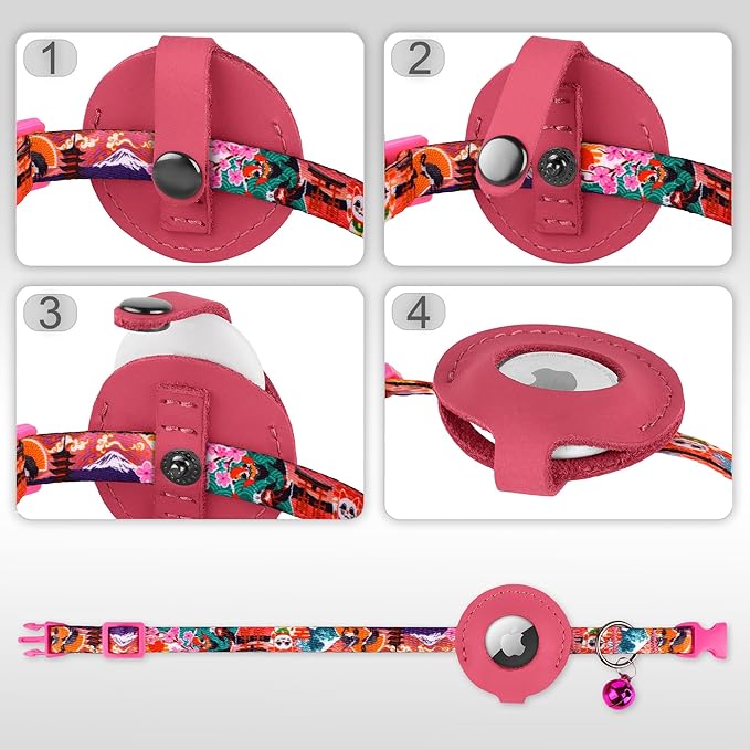 Airtag Cat Collar with Bell - Non Breakaway Soft Pet Collar with Leather Air Tag Holder - Adjustable GPS Anti-Lost Collars for Girl Boy Cats Kitten Puppies, Lightweight and Patterned (Japanese)