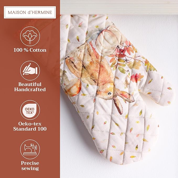 Maison d' Hermine Oven Gloves 100% Cotton Oven Mitt 7" x 13" with Loop Heat Resistant BBQ Cooking Gloves for Thanksgiving Christmas Decorations Baking Handling Hot Pans (Pack of 1, Pumpkin Passion)
