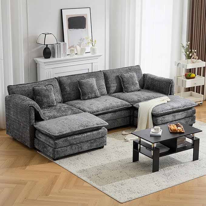 112" U Shaped Modular Sectional Sofa, 3 Seater Comfy Cloud Couch with Movable Ottoman, Deep Seat Couches for Living Room, Bedroom, Apartment (Grey)