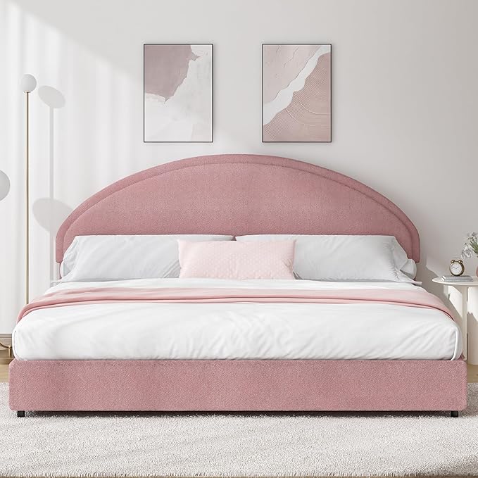 King Size Bed Frame, Boucle Upholstered Platform Bed with Headboard, Soft Bed Frame with Round Conner, No Box Spring Required, Easy Assembly, Pink
