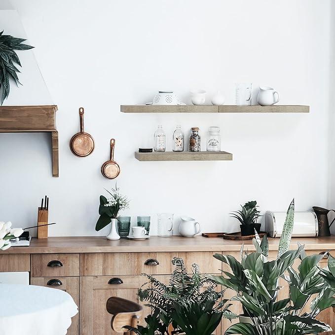 Colima Floating Shelves for Grey Wood Shelf for Bedroom, 36 Inch Wall Mounted Floating Shelves for Bathroom Living Room Kitchen Office, 1.5" Thick Floating Book Shelves for Wall, Set of 3