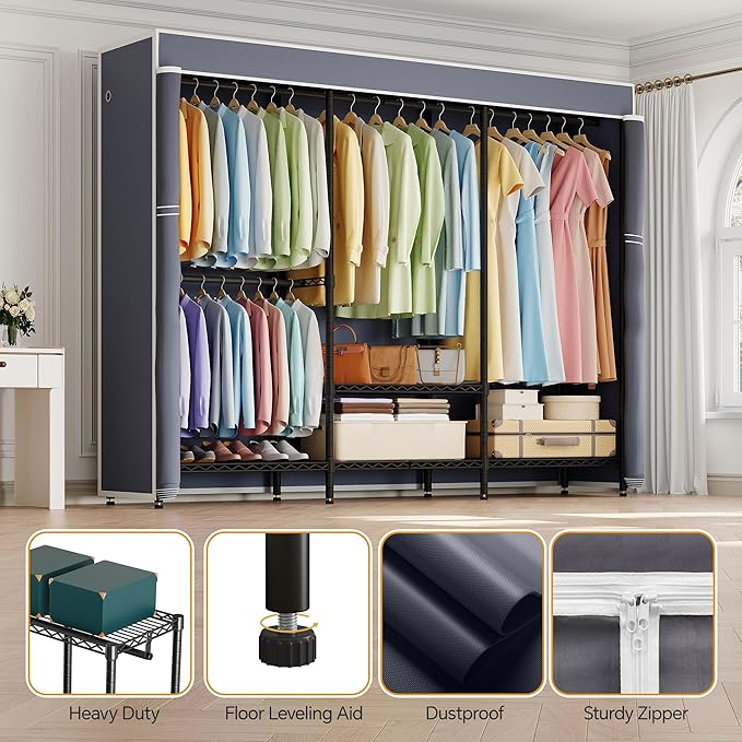 H8 Heavy Duty Clothes Rack with Cover, Covered Garment Rack with Shelves, Wardrobe Closet with Cover, Portable Closet Organizer Storage, Black Clothing Rack with Grey Cover