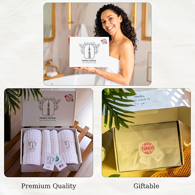 Püskül - Luxury Waffle Towel Set for Bathroom 4 Pieces White, Premium Quality Organic 100% Turkish Cotton 2 Hand and 2 Bath Towels Sets, Quick Dry Thin Waffle Towels, Made in Turkiye (White)