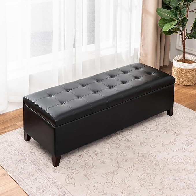 Joveco Storage Ottoman Bench, 51 Inch Leather Tufted Upholstered Bench for End Foot of Bed, Bedroom, Living Room, Black