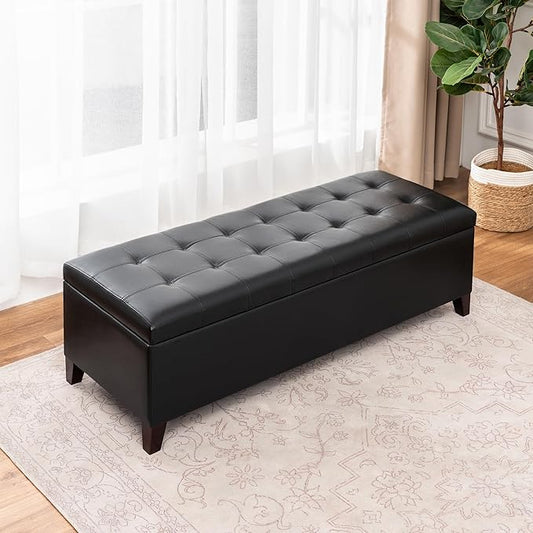 Joveco Storage Ottoman Bench, 51 Inch Leather Tufted Upholstered Bench for End Foot of Bed, Bedroom, Living Room, Black