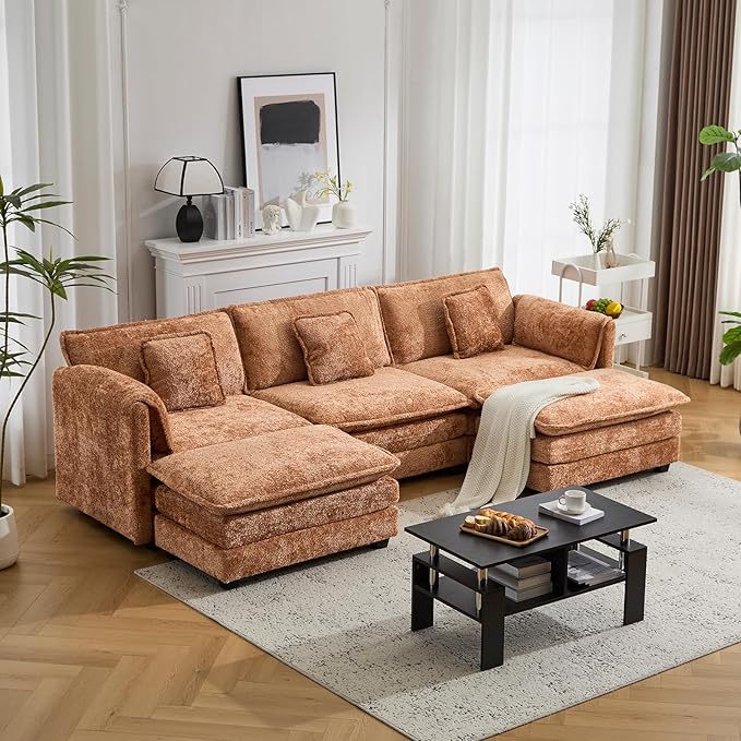 112" U Shaped Modular Sectional Sofa, 3 Seater Comfy Cloud Couch with Movable Ottoman, Deep Seat Couches for Living Room, Bedroom, Apartment (Orange)
