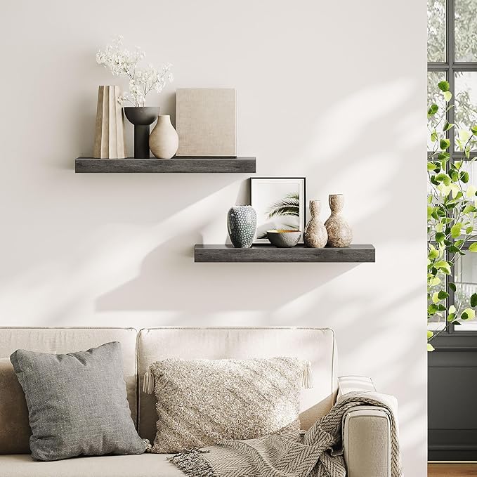 HOOBRO Floating Shelves for Wall, Wall Mounted Shelf Set of 2, 23.6" Hanging Shelf with Invisible Brackets, for Wall in Bathroom, Bedroom, Toilet, Kitchen, Living Room, Office, Charcoal Gray BC60BJ01