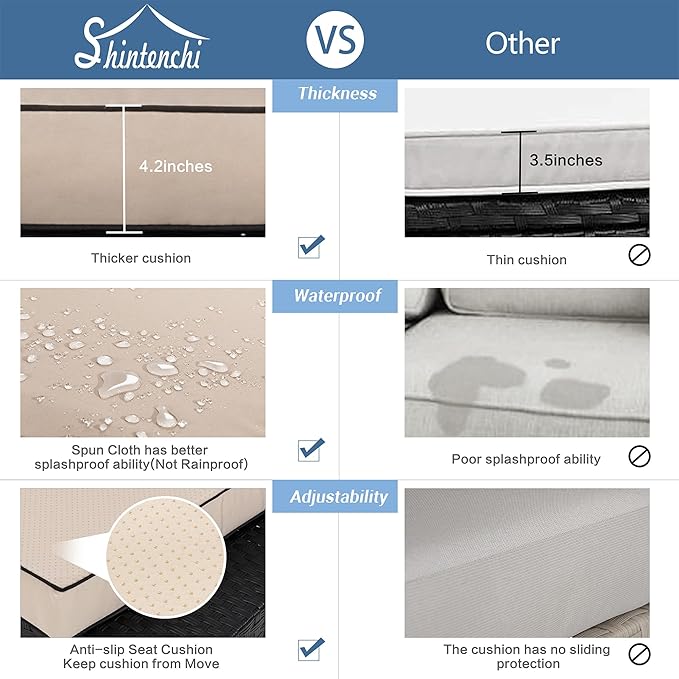 Shintenchi 5 Pieces Outdoor Patio Sectional Sofa Couch, Black PE Wicker Furniture Sets, Patio Conversation Sets with Washable Cushions Glass Coffee Table for Garden, Poolside, Backyard,(Khaki)