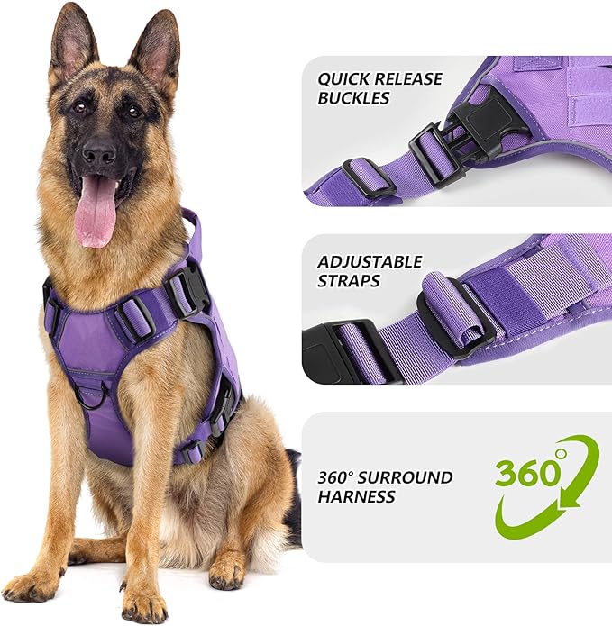 WINGOIN Purple Tactical Dog Harness for Large Dogs, Heavy Duty No Pull Dog Harness with Handle, Adjustable Reflective Military K9 Big Pet Vest for Husky, Doberman, Walking, Training, Hunting (XL)