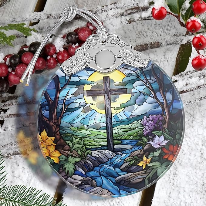 Religious Christmas Ornament, Stained Glass Christian Ornament, Christmas Tree Ornaments, Christmas Decoration, Holiday Ornament, Cross Home Decor, Gift Exchange, Gift Idea - Cross and River