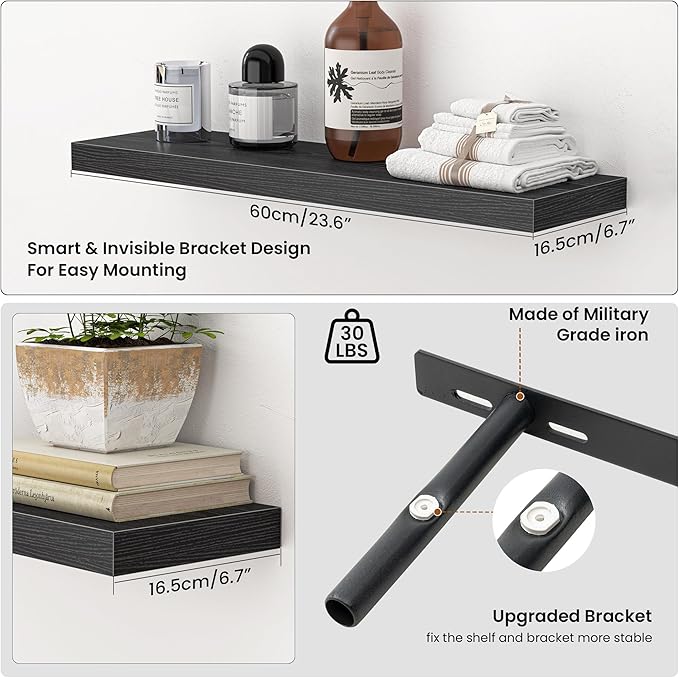 Heimlove 24 Inch Floating Shelves for Wall,Mounted Storage Wood Shelves with Invisible Brackets Hanging Shelf for Bedroom,Living Room,Kitchen,Office,Set of 2,Black
