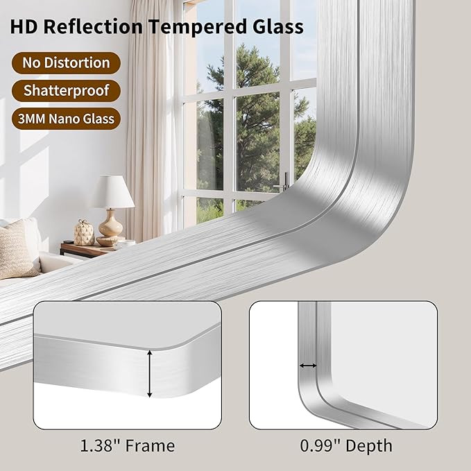 FORBATH 48x36 Inch Bathroom Mirror, Brushed Silver Deep Frame Wall Mirror with Rounded Corners, Anti-Rust Tempered Glass for Modern Farmhouse Vanity (Horizontal/Vertical Hanging)