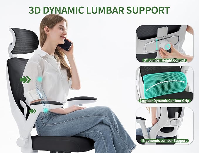 Ergonomic Office Chair - Computer Desk Chair with Adjustable Lumbar Support - 400lbs Executive Desk Chair High Back with Headrest Flip-Up Arms for Long Hours, Rolling Chair (White Black)