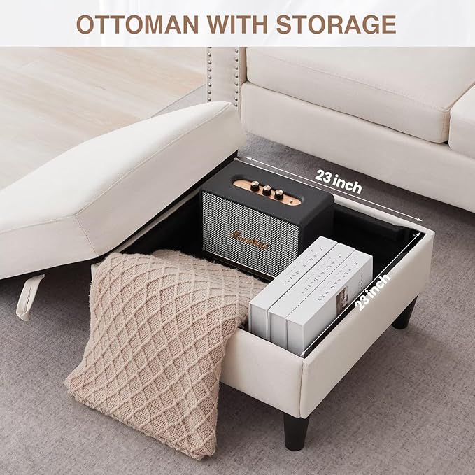 Sectional Couches for Living Room, L Shaped Couch with Storage Ottoman, Small Sofa Comfy Couch with 2 Cup Holders, Modern 3 Seater Convertible Sofas for Apartment, Office, Beige