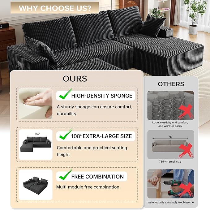 108" U Shaped Sectional Couch with Ottoman, Corduroy Modular Sectional Sofa with Deep Seat, Modern Modular L-Shape Sofa Couch with Chaise,Upholstered Boneless Couches for Living Room Bedroom