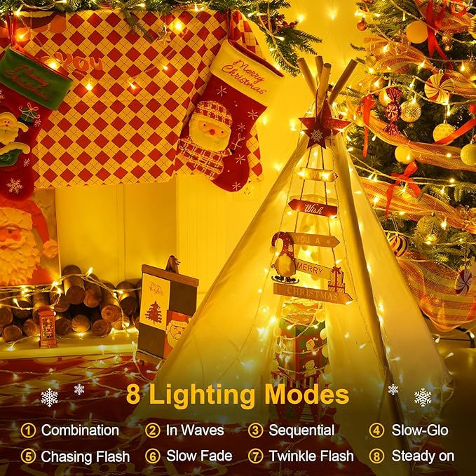 QITONG Warm White Christmas Lights Outdoor, Clear Wire 165ft 500 LED String Light Plug-in, 8 Modes Twinkle Xmas Lights Indoor