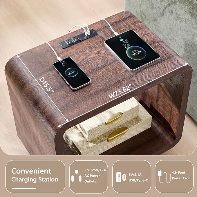 23.6" Modern End Table Set of 2, 2 Tier Side Table with Charging Station, Simple Bedside Table with Open Storage Shelf, Outlet, Wooden Nightstand for Bedroom, Living Room, Study, Brown