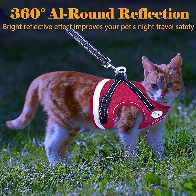 Cat Harness and Leash for Walking, Kitten Escape Proof Harnesses, Adjustable Reflective Puppy Harness with Leashes Set, Easy Adjustable Soft net Breathable Pet Safety Vest
