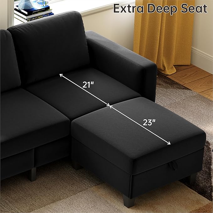 Sectional Sofa Couches for Living Room, 78'' Black 3 Seater L-Shaped Couch with Storage Ottoman, Comfy Velvet Convertible Sectionals Sofas with Chaise for Apartment, Office, Small Space