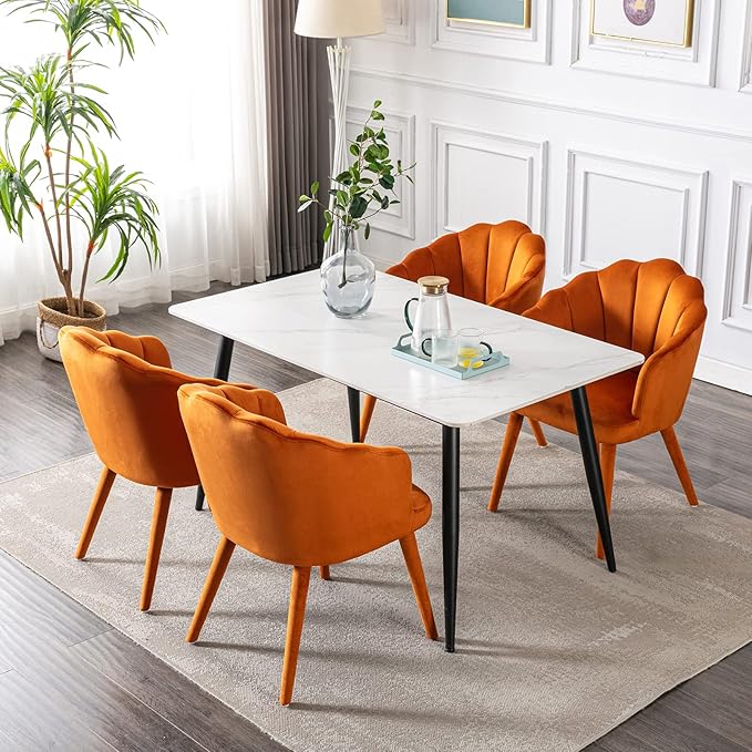 Velvet Dining Chairs Set of 2 Modern Living Room Chairs with Petal Back & Wood Legs Comfy Upholstered Side Chair for Dining Room/Bedroom/Vanity, Orange