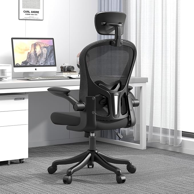 Mesh Office Chair with Adjustable Lumbar Support and Headrest, Ergonomic High Back Task Chair for Home Office, Flip-Up Arms 90-120° Tilt Lock Rolling Swivel Work Chairs(Black6065)