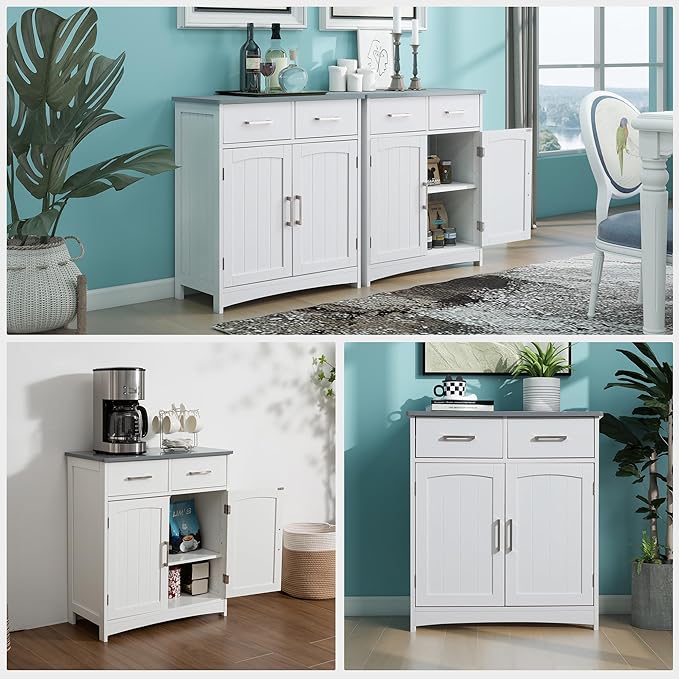 Modern White Buffet Cabinet, 26x30 Inches, 2 Doors, 2 Drawers, Adjustable Shelves, Anti-Fall Drawers, Dining Room Storage
