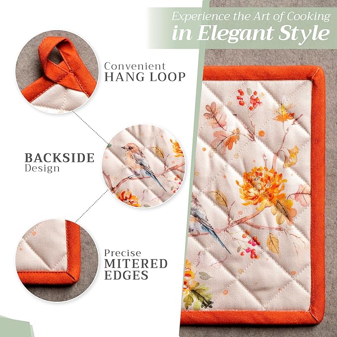 Maison d' Hermine Pot Holders 100% Cotton Heat Resistant Potholders 8" x 8" Hot Pads with Loop for Thanksgiving Christmas Decorations BBQ Cooking Baking Handling Hot Pans (Pack of 1, Kelim - Prairie)